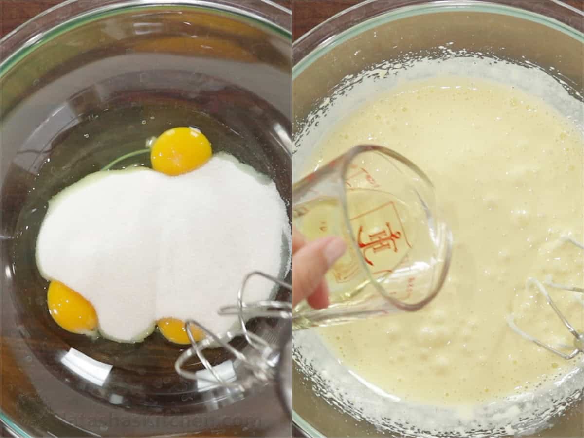 Beating together eggs and sugar then adding oil