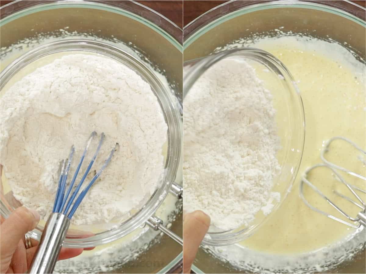 Whisking together dry ingredients and adding to the batter