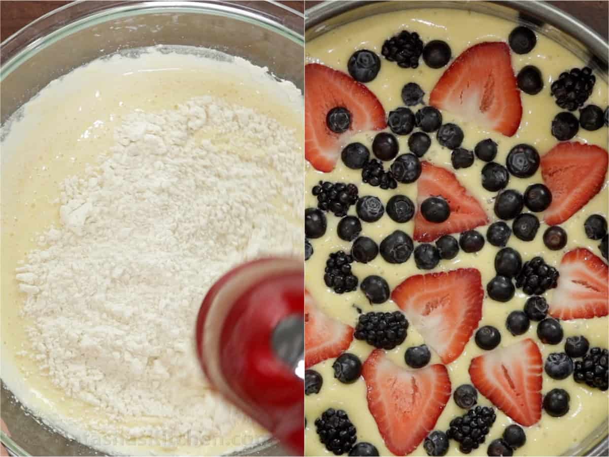 Adding remaining flour mixture then topping the cake batter with berries