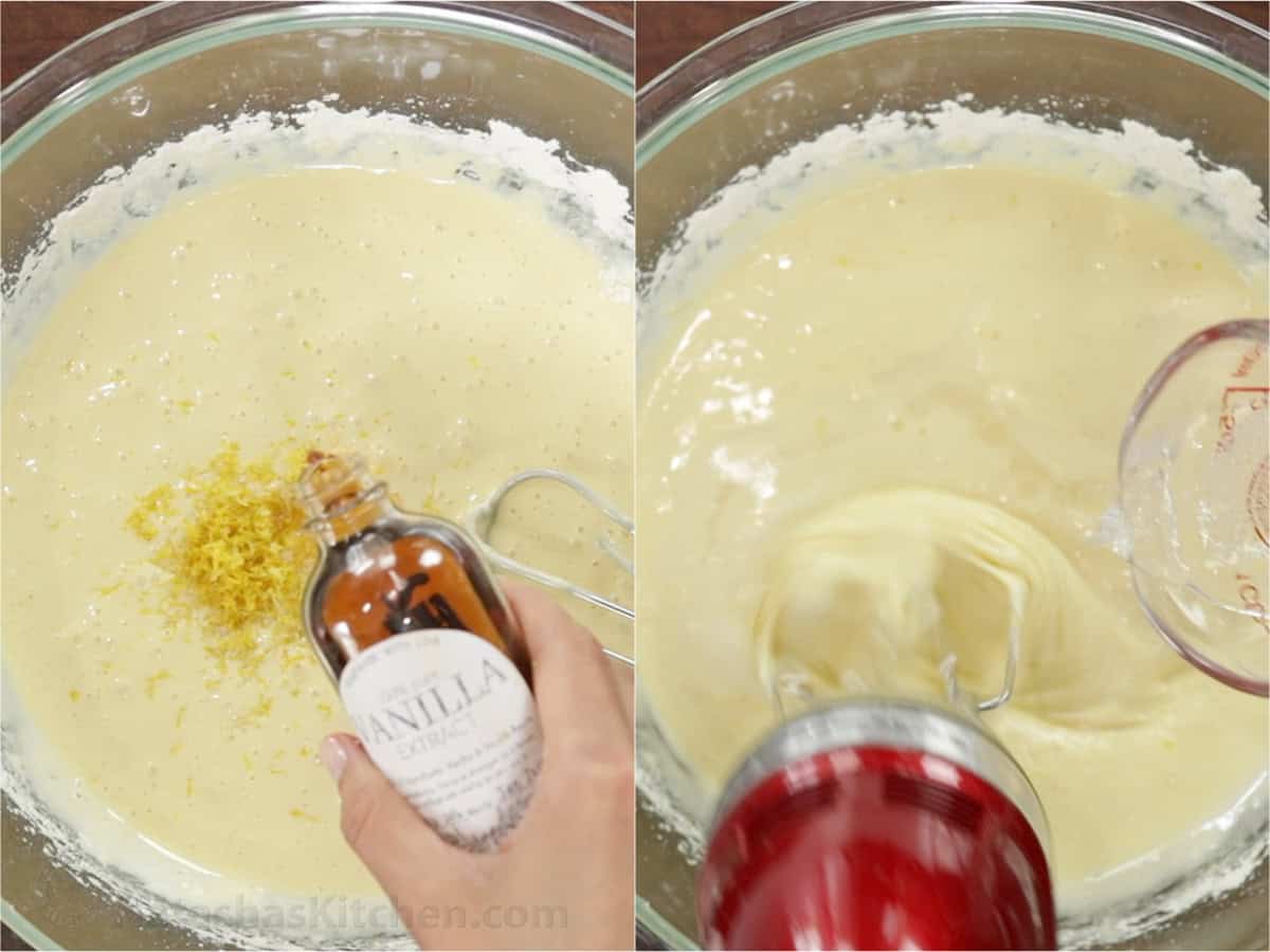 Adding zest and vanilla then mixing in sparking water