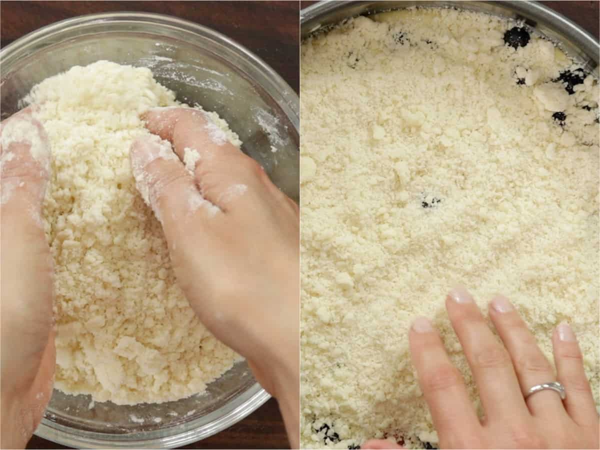 Crumbling the topping into crumbs then spreading crumbs over cake surface