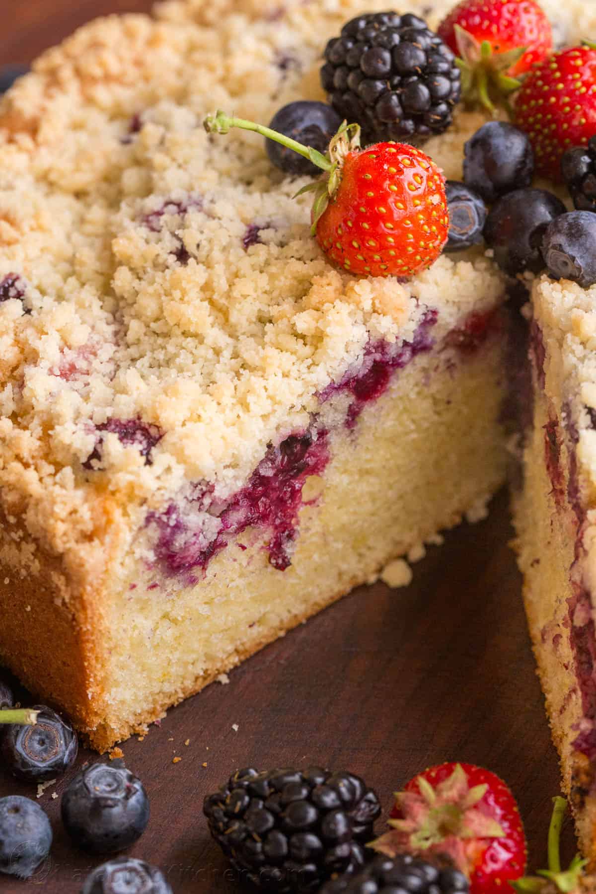 Berry Cake sliced with center of cake visible