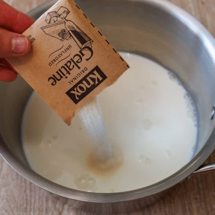 Pour powdered gelatin packet over milk in a saucepan.