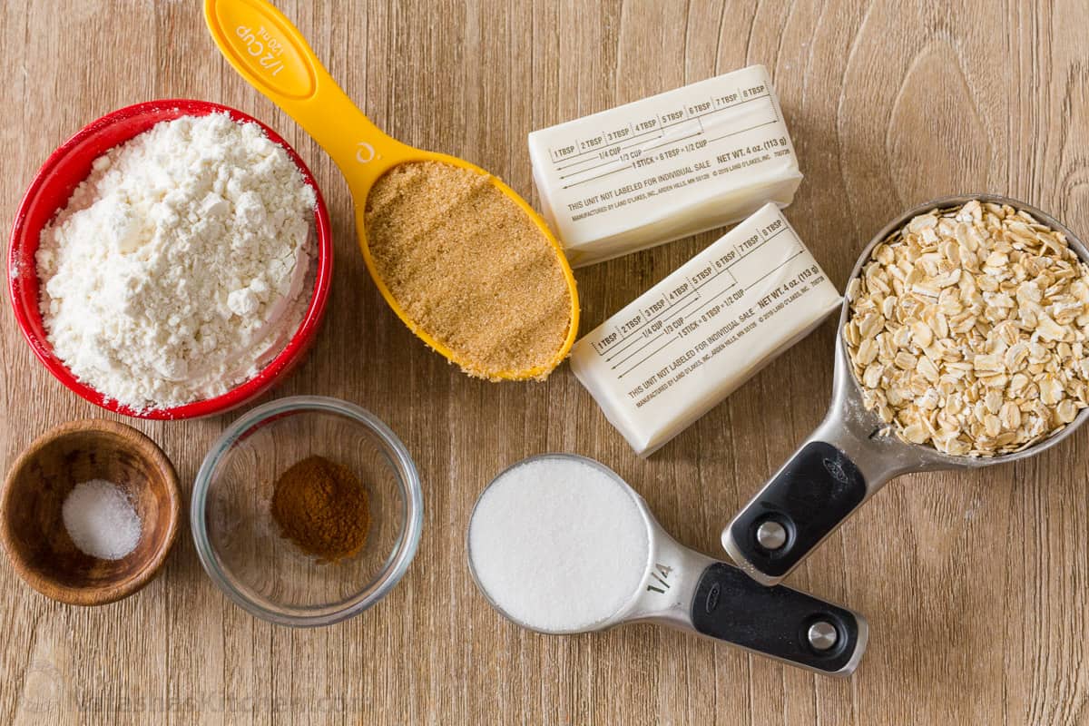 Ingredients for streusel topping with oats, flour, sugar, cinnamon butter