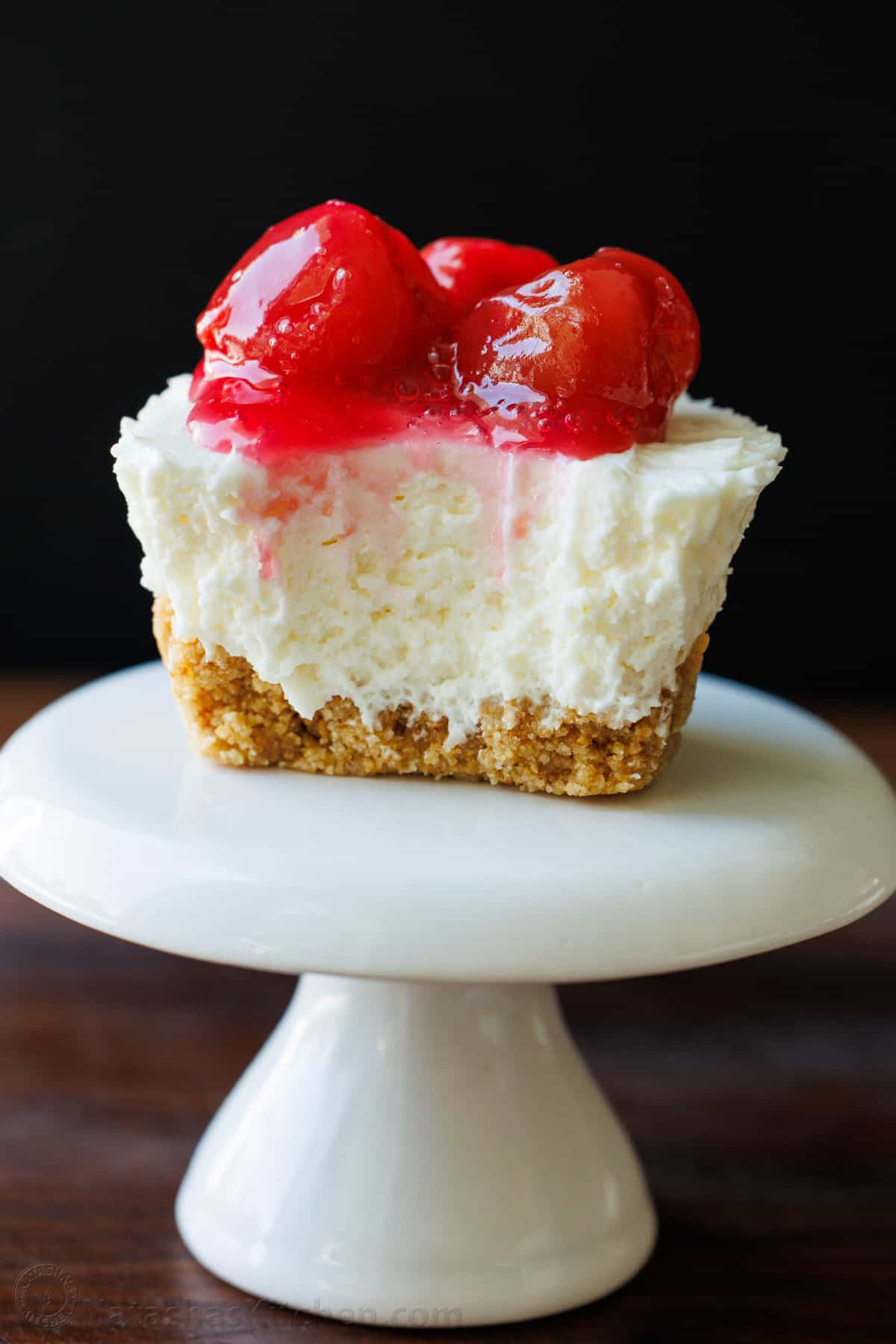 No bake mini cheesecake with cherry topping after a taste test